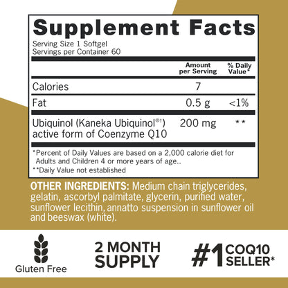 Qunol 200mg Ubiquinol, Powerful Antioxidant for Heart and Vascular Health, Essential for energy production, Natural Supplement Active Form of CoQ10, 60 Count
