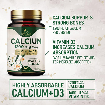 Calcium 1200 mg with Vitamin D3 - Per Serving - Bone Health Supplement - Vitamin D & Calcium Supplements for Women & Men - Bone Strength Support