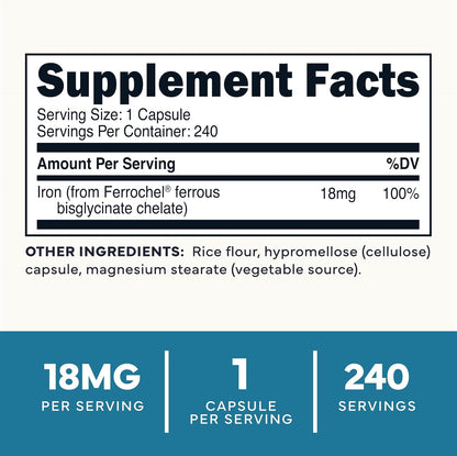 Type Zero Iron Chelate (18mg) 240 Capsules, Gluten-Free, GMO-Free | From Ferrochel Ferrous Bisglycinate Chelate