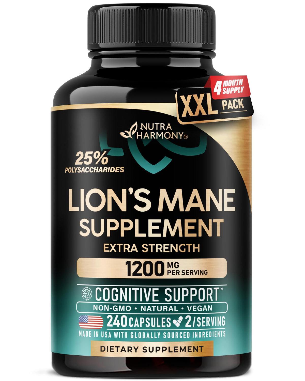 Lions Mane Supplement Capsules - for women & Men - Organic Lions Mane - Fruiting Bodies Extract - 1200 mg, 25% Polysaccharides - Memory & Focus Support - As Lions Powder - 120 Capsules, 2 Month Supply
