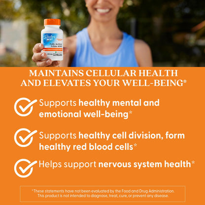 Doctor's Best Fully Active Folate with Quatrefolic400 mcg, Healthy Mood, Memory, Circulation, Well-Being, 90 VC