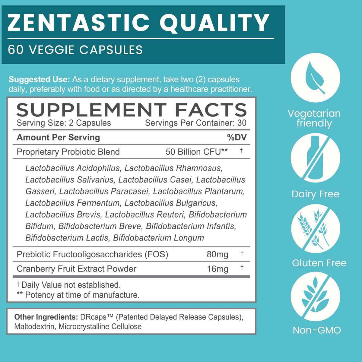 Zentastic Probiotics & Prebiotics Supplement - 50 Billion CFU - for Men & Women’s Immune & Digestive Health - 16 Strains - Shelf Stable - 180 Delayed Release Veggie Capsules