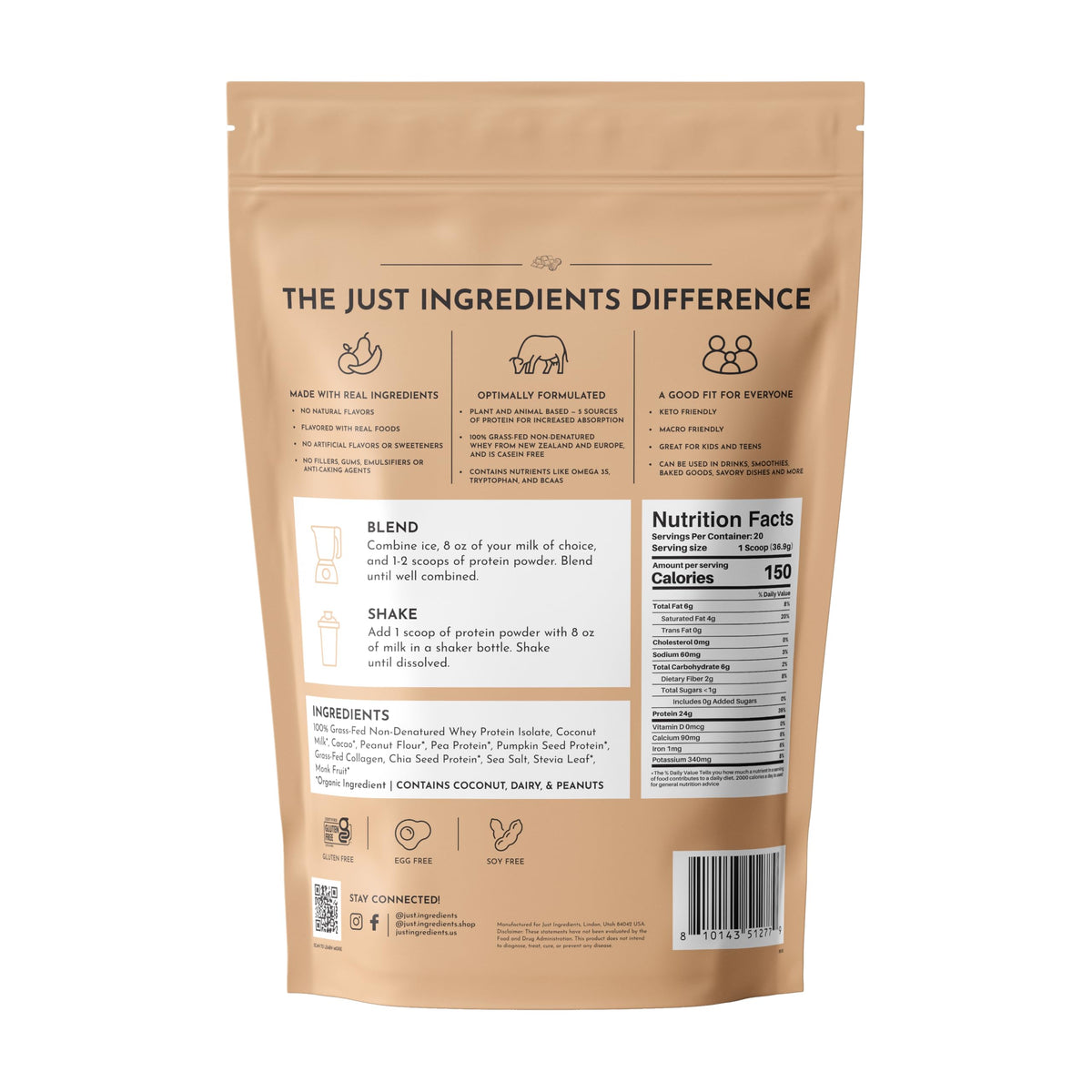 JUST INGREDIENTS Vanilla Bean Protein Powder – 20-Serving Blend with 100% Grass-Fed Whey & Organic Plant Proteins – Real Vanilla Bean & Cinnamon – Supports Muscle Recovery, Energy*