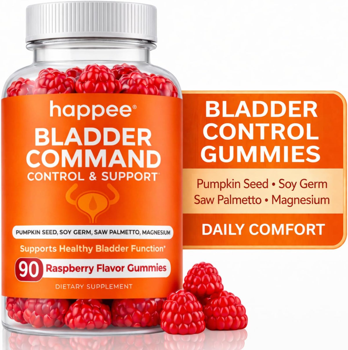 Happee Bladder Control Gummies Supplement Women & Men, Day & Night 90 ct | Daily Bladder Support & Urinary Tract Health, 4-in-1 Pumpkin Seed Extract & Soy Germ, 90 Berry Gummies