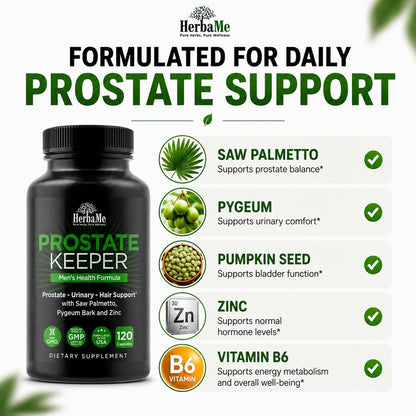HerbaMe Prostate Support Supplement for Men with Saw Palmetto, Pygeum Bark & Zinc – Supports Healthy Urinary Flow, Bladder Comfort & Prostate Function, Daily Men’s Wellness Formula, 120 Capsules