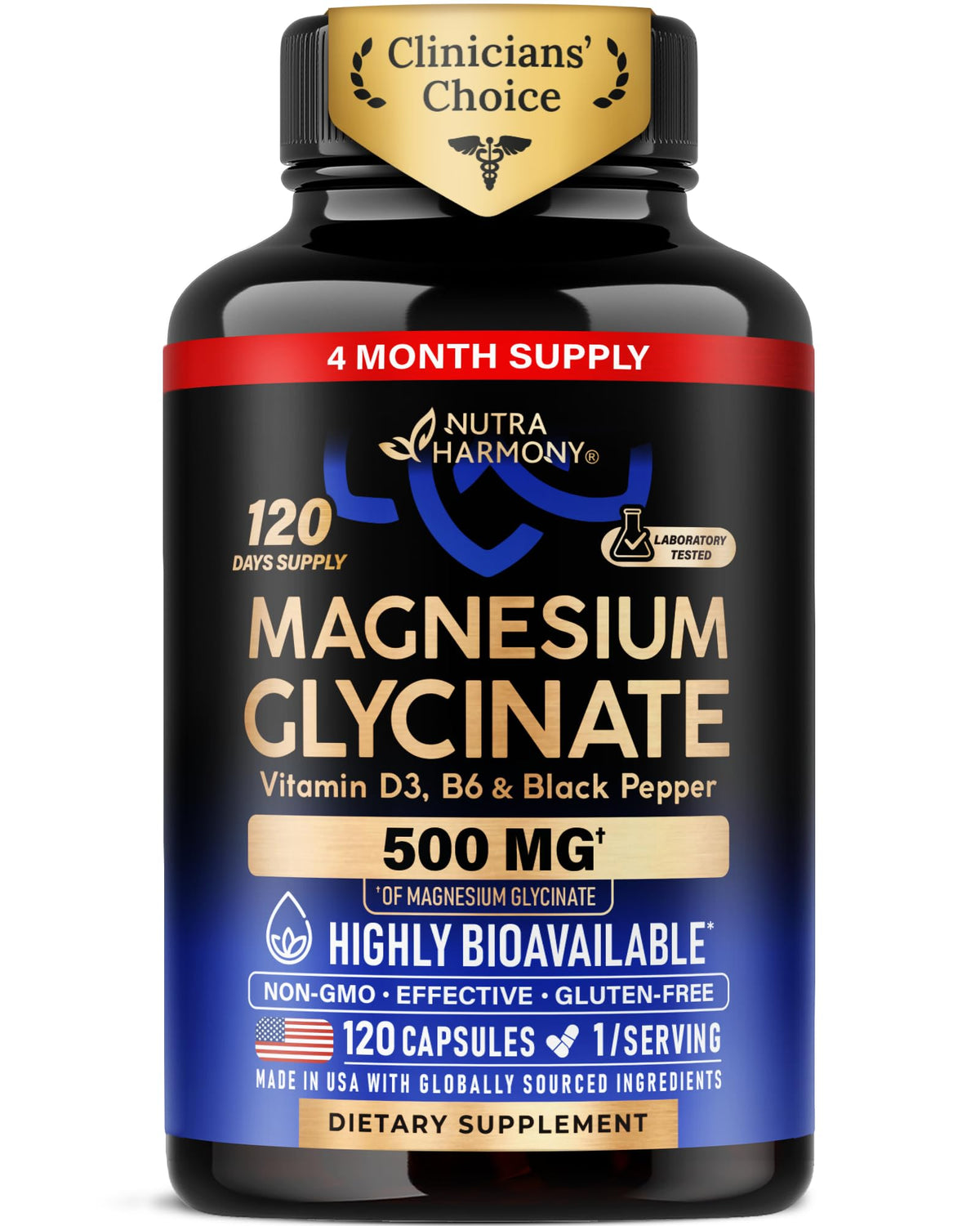 Magnesium Glycinate 500 mg - Chelated Supplement - High Absorption Form of Magnesium - Support for Sleep, Muscle & Heart Health - for Women & Men - Lab Tested & Non-GMO - 120 Capsules