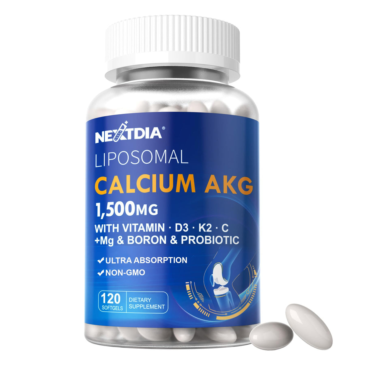 Liposomal Calcium AKG Supplement 1500mg with Vitamin D3 & K2 Softgels for Women & Men│ High Absorption│Calcium Supplements with Magnesium Glycinate, Boron, Probiotics & Vitamin C for Bone - 120 Pills
