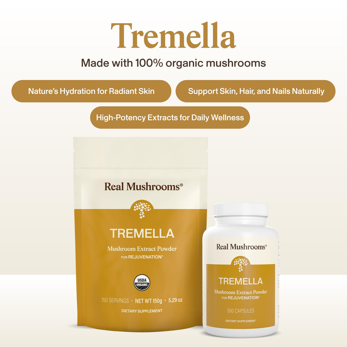 Real Mushrooms Tremella Mushroom Extract 120 ct Blend for Daily Wellness Routine - Vegan, Non-GMO, Organic Supplements Humans Support Supplement