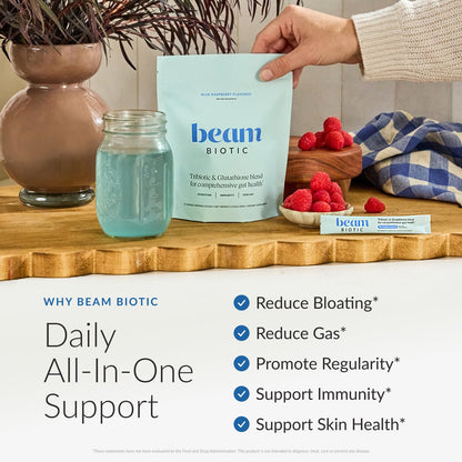 BEAM Biotic Probiotics for Women & Men – Gut Health for Women & Men, Digestive Health with Pre, Pro & Postbiotics + Glutathione, Daily Probiotic Drink for Bloating Relief, Blue Raspberry, 15 Servings