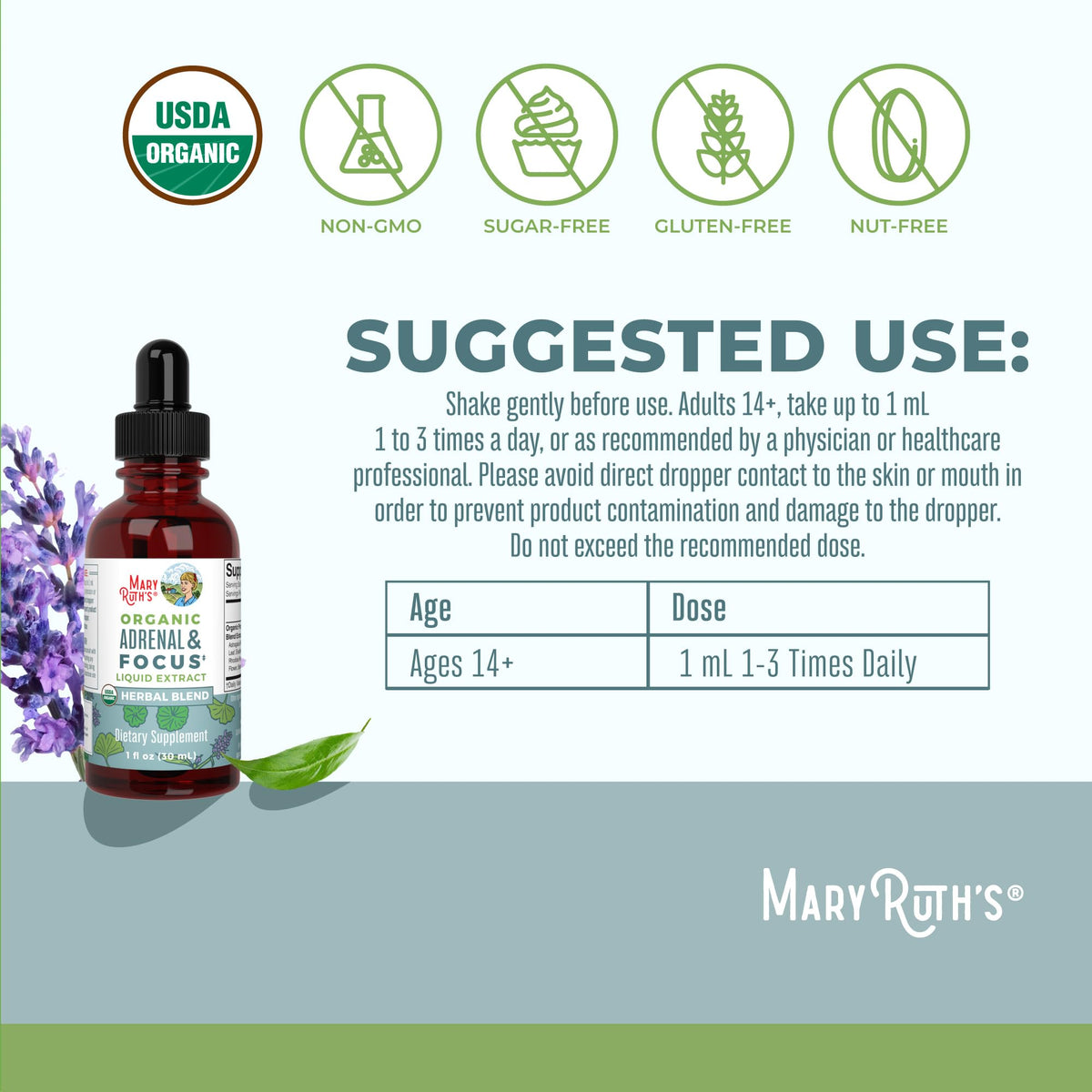 MARYRUTH'S Kids Focus & Attention Drops | USDA Organic Drops | Ginkgo Biloba | Rhodiola Root & Licorice Root | Adaptogenic | Calm | Vegan | Non-GMO | Gluten Free | 30 Servings