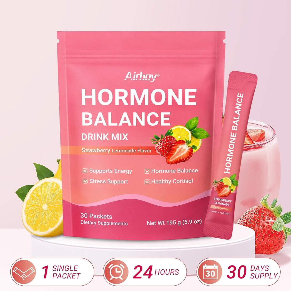 Hormone Balance for Women, Female Hormonal Support Drink Mix with Myo-inositol, Magnesium, Rhodiola Rosea, Vitamin C, Cortisol Supplement for Women, Vegan, Sugar-Free, Non-GMO, 30 Stick Packs
