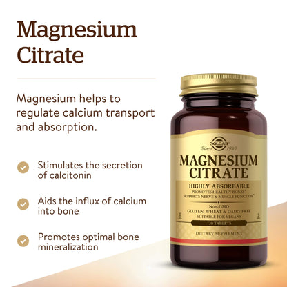 Solgar Magnesium Citrate, 120 Tablets - Promotes Healthy Bones - Supports Nerve & Muscle Function - Non GMO, Vegan, Gluten Free, Dairy Free, Kosher - 60 Servings, Standard Packaging