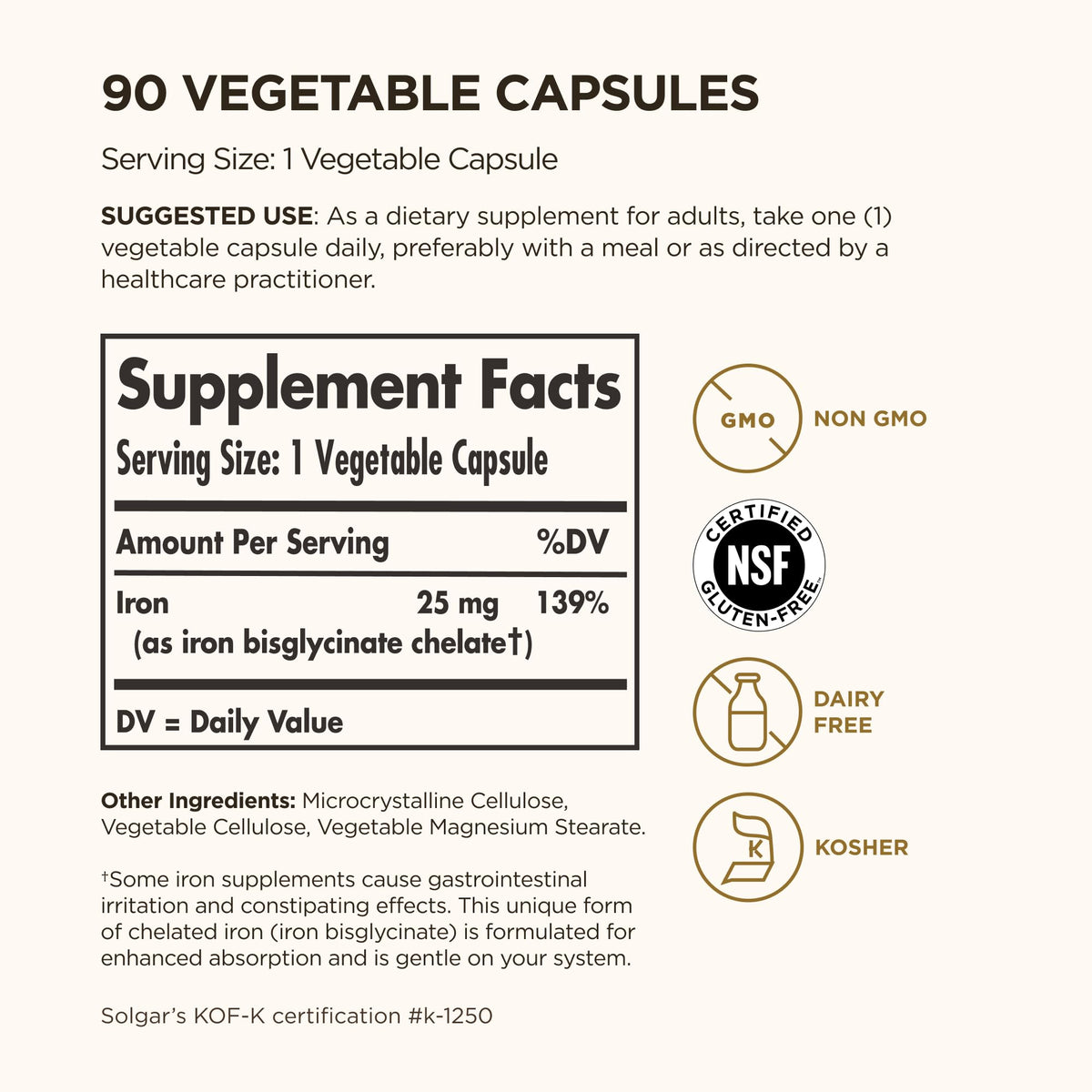 Solgar Gentle Iron, 180 Vegetable Capsules - Ideal for Sensitive Stomachs - Non-Constipating - Red Blood Cell Supplement - Non GMO, Vegan, Gluten-Free, Dairy Free, Kosher - 180 Servings
