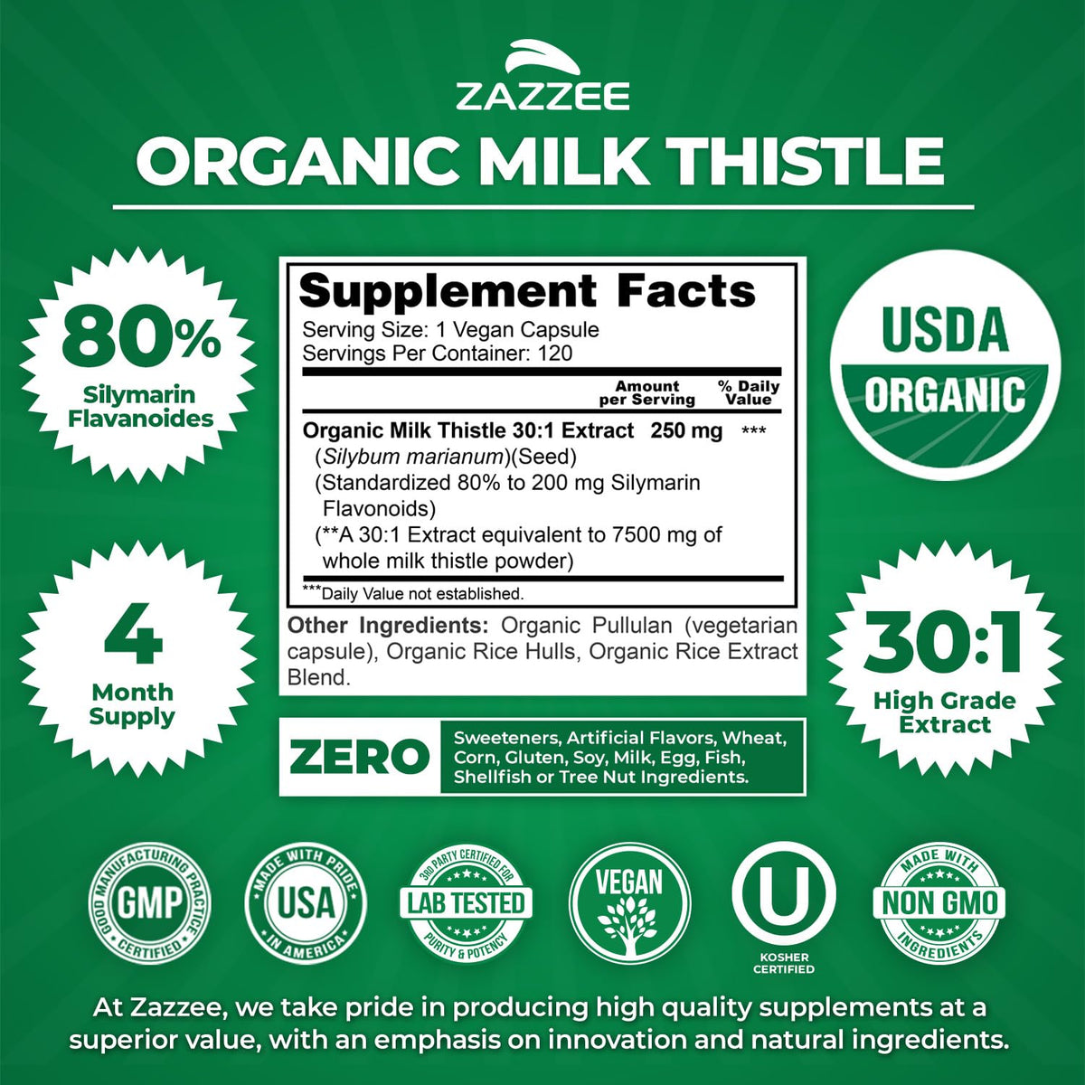 Zazzee USDA Organic Milk Thistle 30:1 Extract, 80% Silymarin, 120 Vegan Capsules, 4 Month Supply, Certified Kosher, High Potency Liver & Antioxidant Support