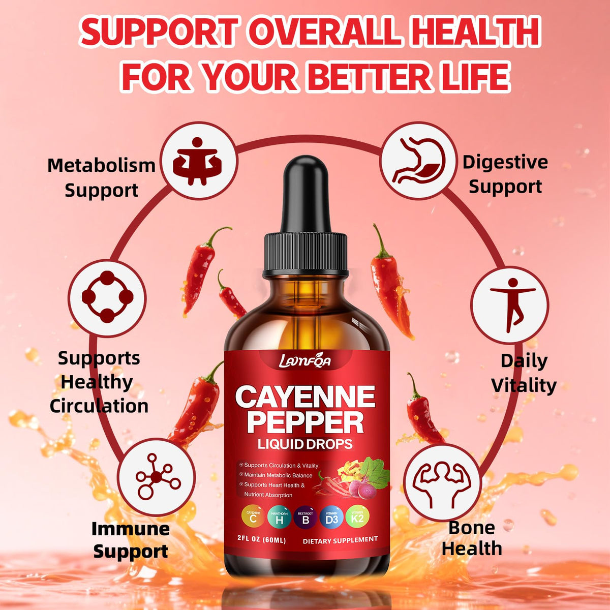 Cayenne Pepper Liquid Drops - Potent Blend with Hawthorn Berry, Turmeric Curcumin, Vitamin D3 K2, Beet Root & Panax Ginseng - Vegan, Non-GMO, High Absorbed Gentle Formula - 2 OZ LAMFQA buy supplements Au