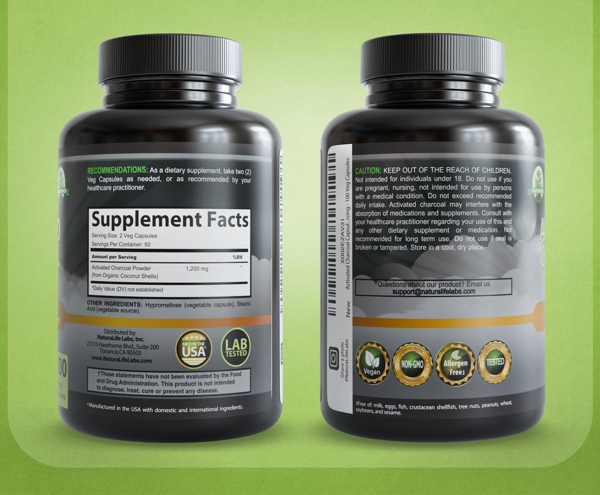 NaturaLife Labs Activated Charcoal 1200 mg per Serving – from Coconut Shells – 100 Veg Capsules – Non-GMO, Gluten-Free, Vegan