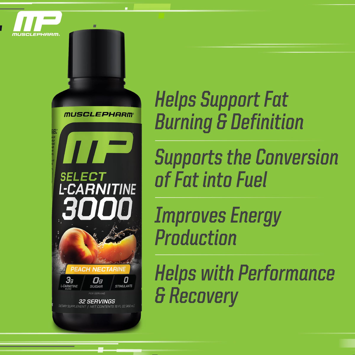 Muscle Pharm L-Carnitine 3000, The Ultimate Liquid L Carnitine Supplement for High-Performance, Supports Metabolism, Hydration & Energy, Zero Sugar, Low Calories, Sour Cherry Flavor, 32 Servings
