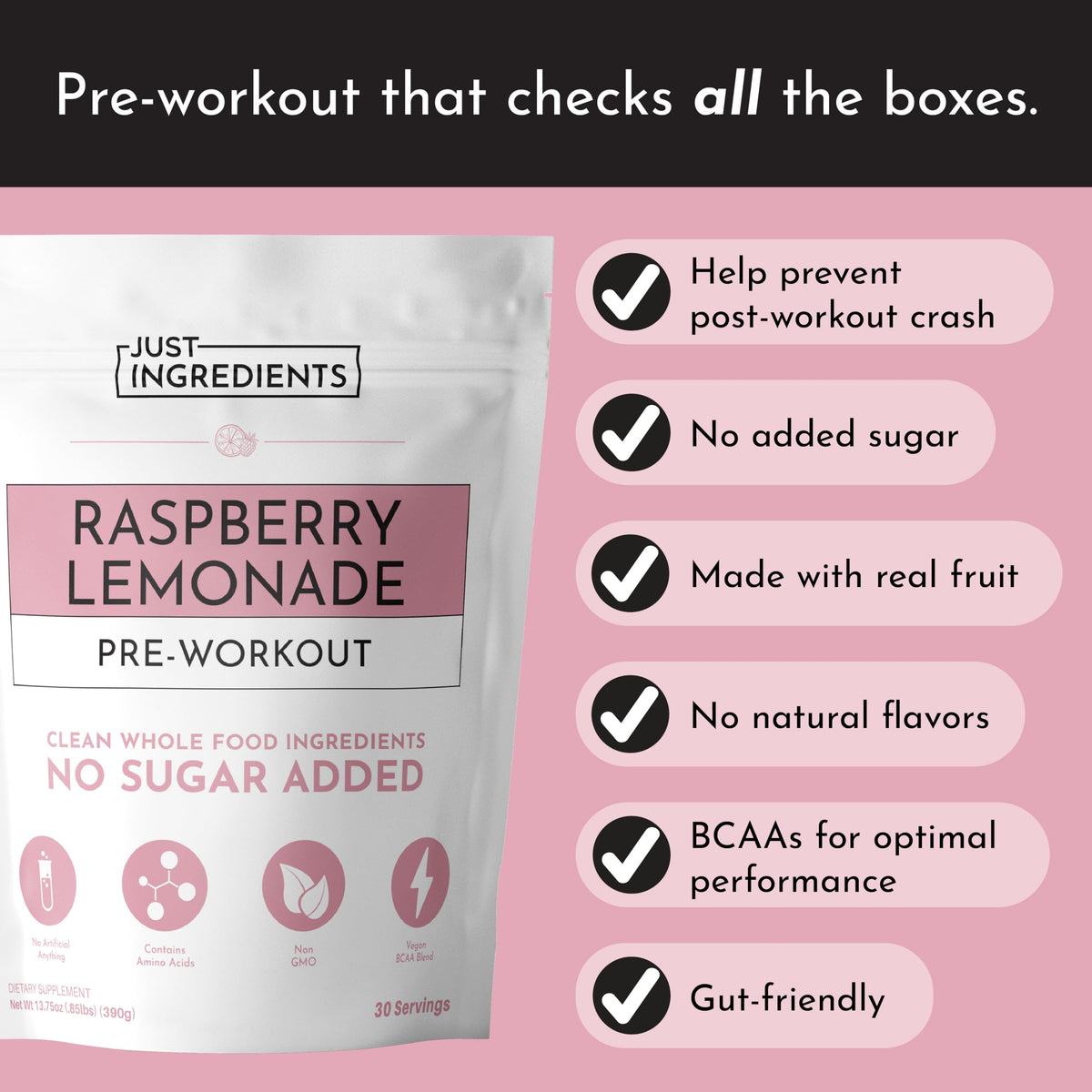 JUST INGREDIENTS Pre-Workout Raspberry Lemonade - Natural, Gluten-Free, No Artificial Sweeteners - 30 Servings, 150mg Caffeine