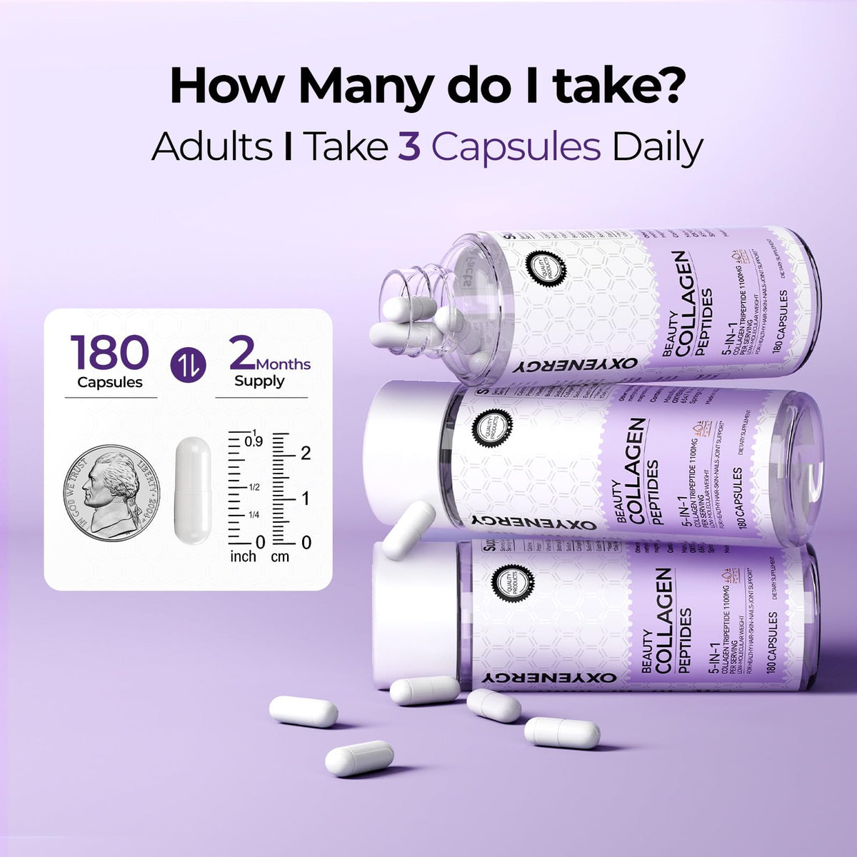 OxyEnergy Collagen Peptides Capsules for Women, Hydrolyzed Collagen Supplements with Elastin Peptides, 60 Collagen Pills to Promotes Hair, Nail, Skin, Capsulas