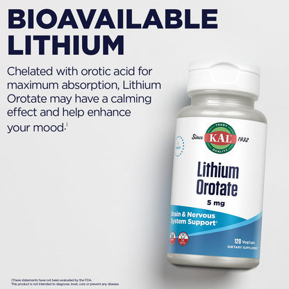 KAL Lithium Orotate 5 milligrams | Low Serving Of Chelated Lithium Orotate For Bioavailability and Mood Support | In Organic Rice Bran Extract Base | 120 VegCaps