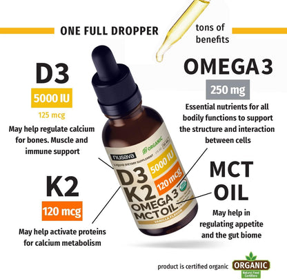 NUSAVA Unflavored D3 K2 Liquid Drops and Vanilla Flavored D3 K2 Liquid Drops Bundle - Potent Liquid Vitamins for Heart, Joint, Bone, Muscle, & Immune Support - Non-GMO, Gluten-Free, 2pk Each