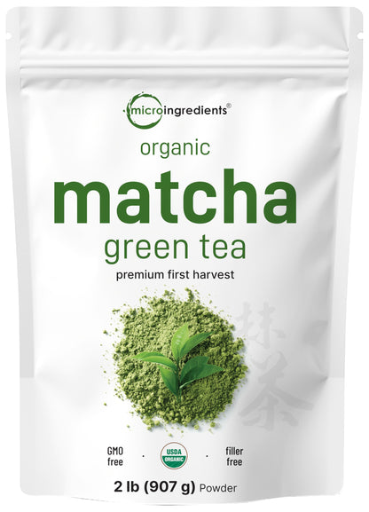 Micro Ingredients Organic Matcha Green Tea Powder, First Harvest, Culinary Grade from Japan, 100% Pure & Unflavored, Great for Tea, Latte, & Smoothies, Non-GMO, No Sugar, Eco-Friendly Packaging, 1 Lb