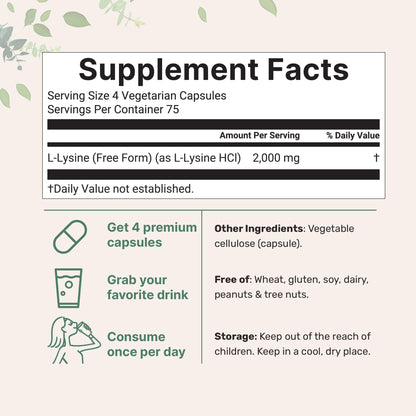 Pure L-Lysine 2,000mg, 300 Veggie Capsules | Maximum Potency, Easily Absorbed, Free Form | Essential Amino Acid for Collagen, Lip, & Immune Support