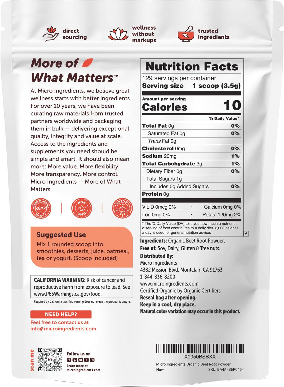Micro Ingredients Organic Beet Root Powder, 4lb (64 oz) | Nitric Oxide Supplement, Water Soluble, Highly Concentrated Raw Beet Supplement, Superfood Drink Mix, Non-GMO, Plant Based