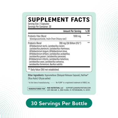 Prebiotics and Probiotics | 50 Billion CFU, 16 Probiotic Strains & Inulin Prebiotic Fiber | Delayed Release Capsules | Gut Health Support | Prebiotics and Probiotics for Women & Men | Non-GMO | 60 Ct MAV NUTRITION buy supplements Au