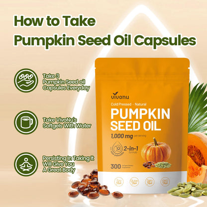 VivoNu Pumpkin Seed Oil with Saw Palmetto Capsules,3800mg 300 Softgels | Cold Pressed,Pure Virgin Oil,Essential Fatty Acids&Phytosterols | Supports Hair,Urinary,Bladder&Prostate Health|Non-GMO