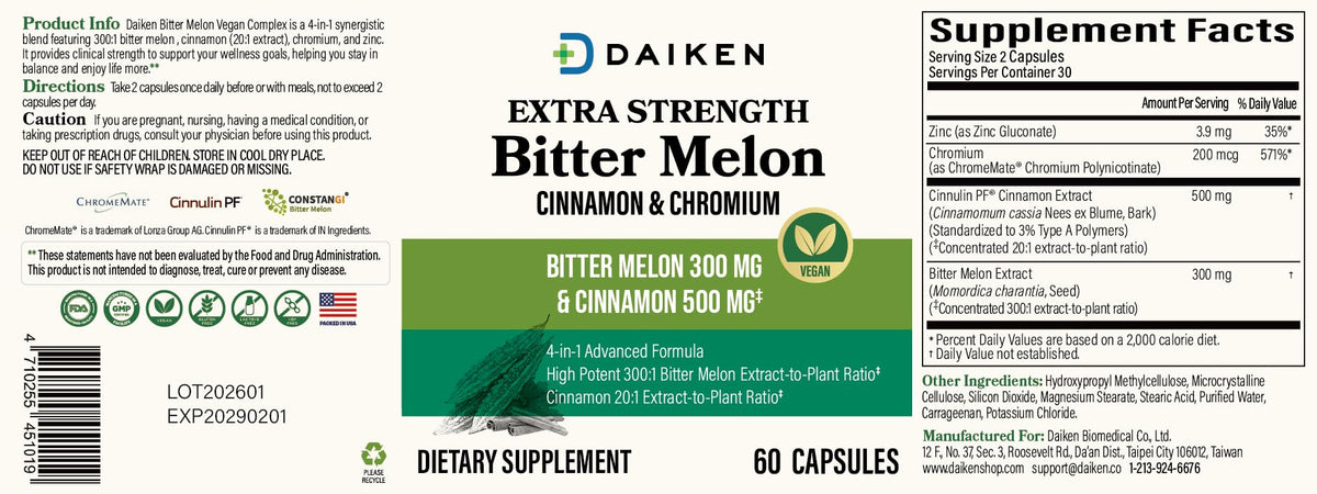 DAIKEN Bitter Melon, Cinnamon & Chromium, 100% Vegetarian Bitter Melon Capsules with Cinnamon Chromium & Zinc, 60 Capsules