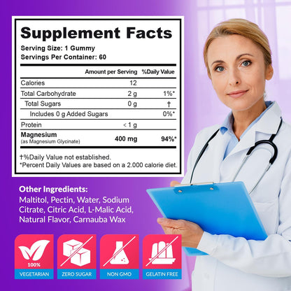 Magnesium Glycinate Gummies 400mg, Muscle Support and Relaxation, Magnesium Supplement for Women, Men and Kids, High Absorption, Sugar Free,