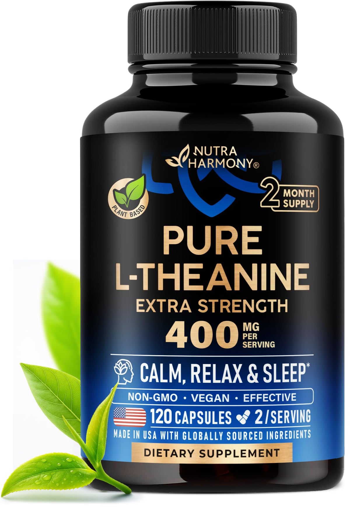 L Theanine 400 mg | L-Theanine Stress Relief | Extra Strength Supplement | Made in USA | Relaxation, Sleep & Calm Support | For Men & Women | Plant Based