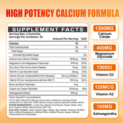Calcium 1200 mg with Vitamin D3 Gummies for Adults - Calcium Citrate with Vitamin D3 K2, Magnesium, Zinc, Boron, Copper and Ashwagandha