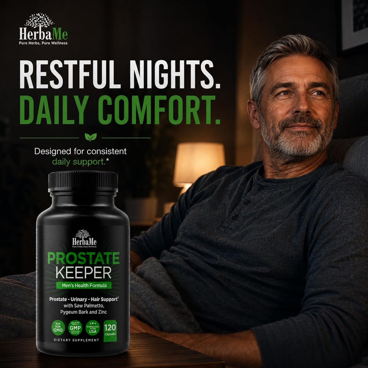HerbaMe Prostate Support Supplement for Men with Saw Palmetto, Pygeum Bark & Zinc – Supports Healthy Urinary Flow, Bladder Comfort & Prostate Function, Daily Men’s Wellness Formula, 120 Capsules