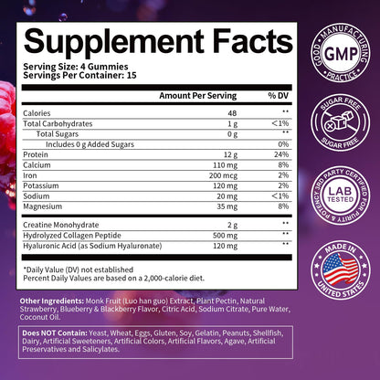 3 in 1 Whey Protein Gummies | Creatine Monohydrate | Collagen, 0 Sugar, Pure Protein Source, Muscle & Energy Support, Berry Flavor, for Women and Men