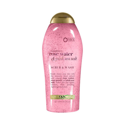 OGX Sensitive + Rose Water & Pink Sea Salt Exfoliating Body Scrub + Rose Quartz, Gentle Exfoliating Daily Body Wash Softens Skin