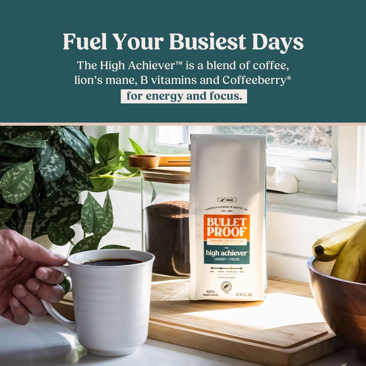 Bulletproof High Achiever Mushroom Coffee Grounds with Lion's Mane, B Vitamins & Adaptogens, Energy and Focus, Medium-Dark Roast, 10 oz