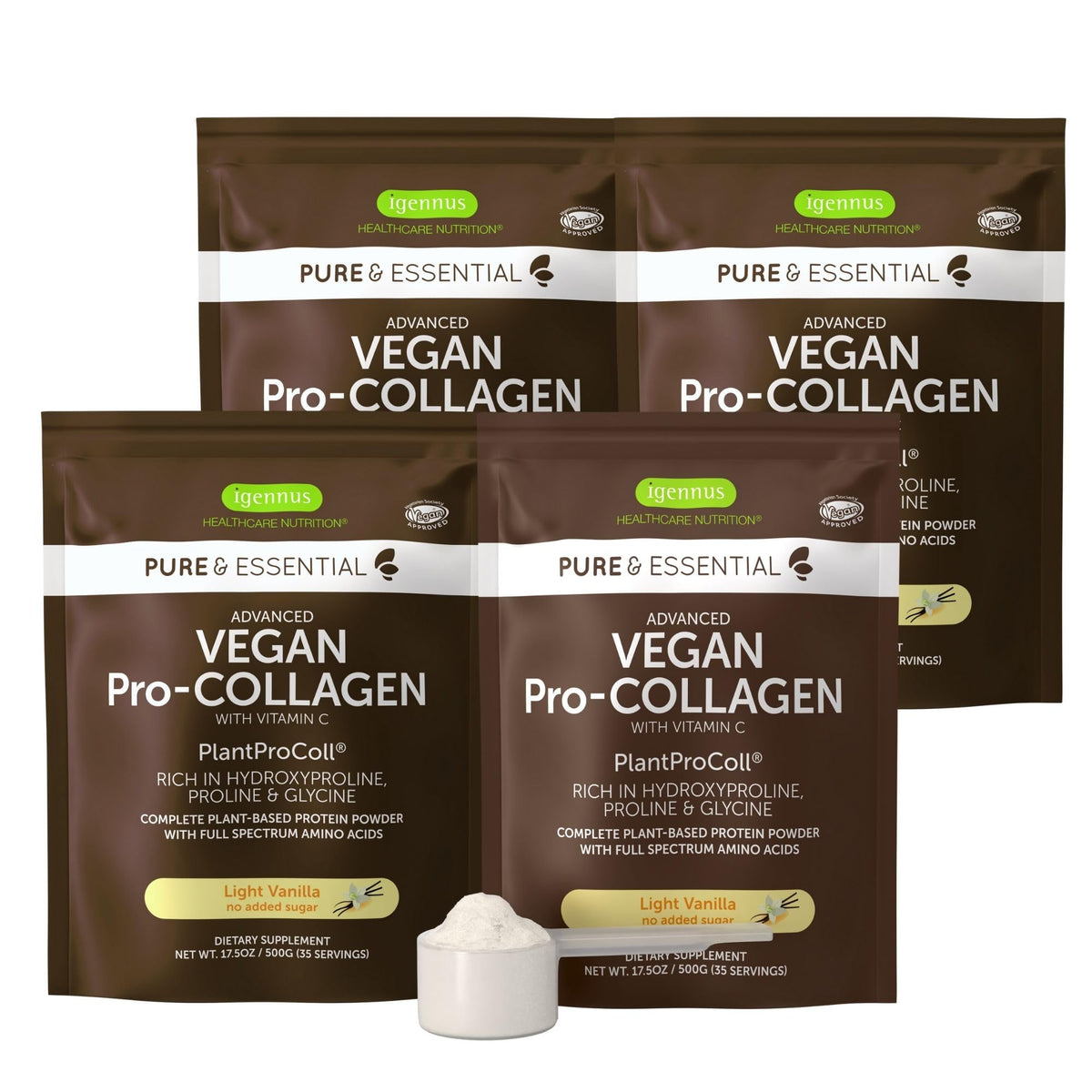 Igennus Advanced Vegan Vanilla Collagen Peptide Powder, Enhanced with Glycine, Proline & Hydroxyproline & Cofactor Vitamin C, Non GMO, Vegetarian Plant Based Collagen Powder Booster, 35 Servings