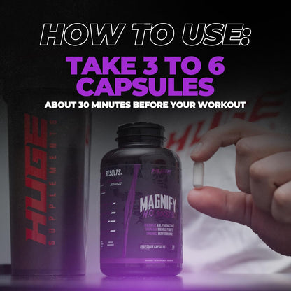 Huge Supplements Magnify Pump Pills & Nitric Oxide Booster, Enhance Muscle Pumps, Fullness & Vascularity, Science-Backed Ingredients - NO3-T Nitrates, Agmatine Sulfate, VasoDrive-AP (180 Capsules)