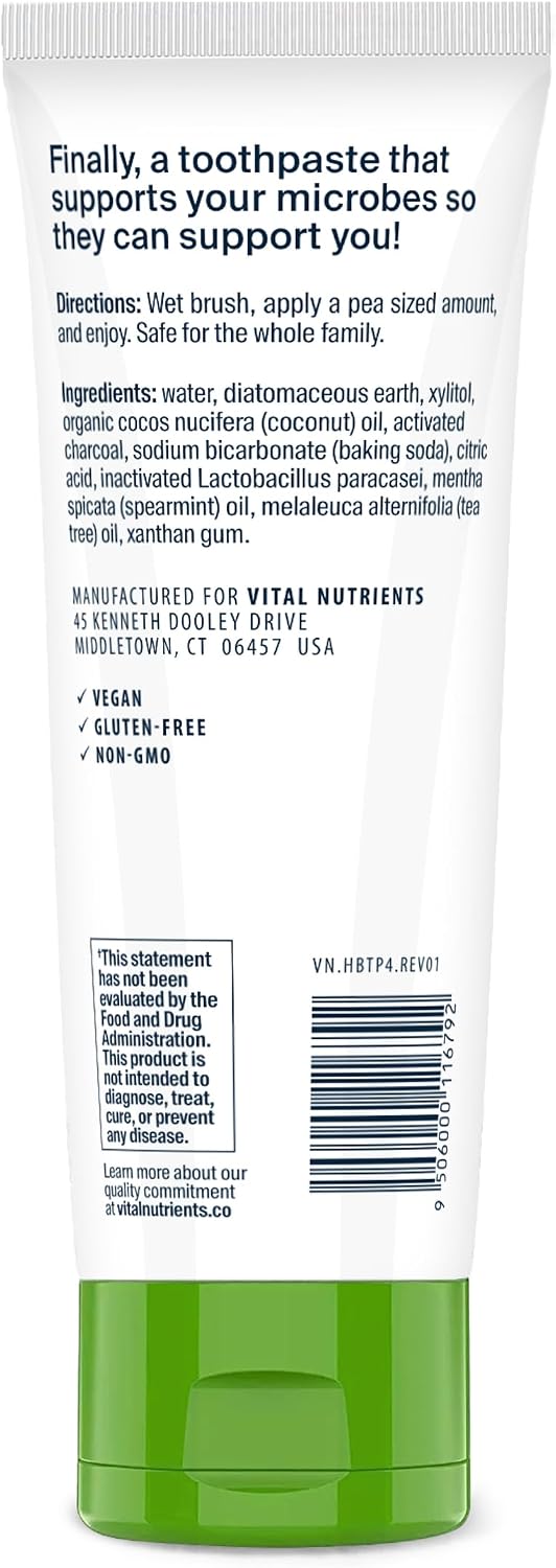 Vital Nutrients Hyperbiotics Activated Charcoal Probiotic Toothpaste | Supports Healthy Mouth Flora, Fresher Breath, Whiter Teeth | Spearmint Flavor | Non-GMO | Gluten, Dairy, Soy Free | 4 oz