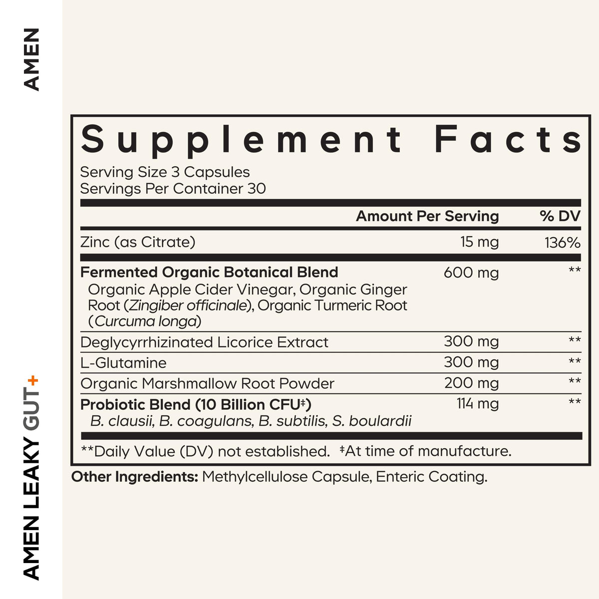 Amen Leaky Gut Supplement - Advanced Formula with Bioavailable L Glutamine, Zinc, Turmeric, DGL Licorice Root - Marshmallow Root - Probiotics & Fermented Prebiotics - Vegan, Non-GMO - 90 Capsules