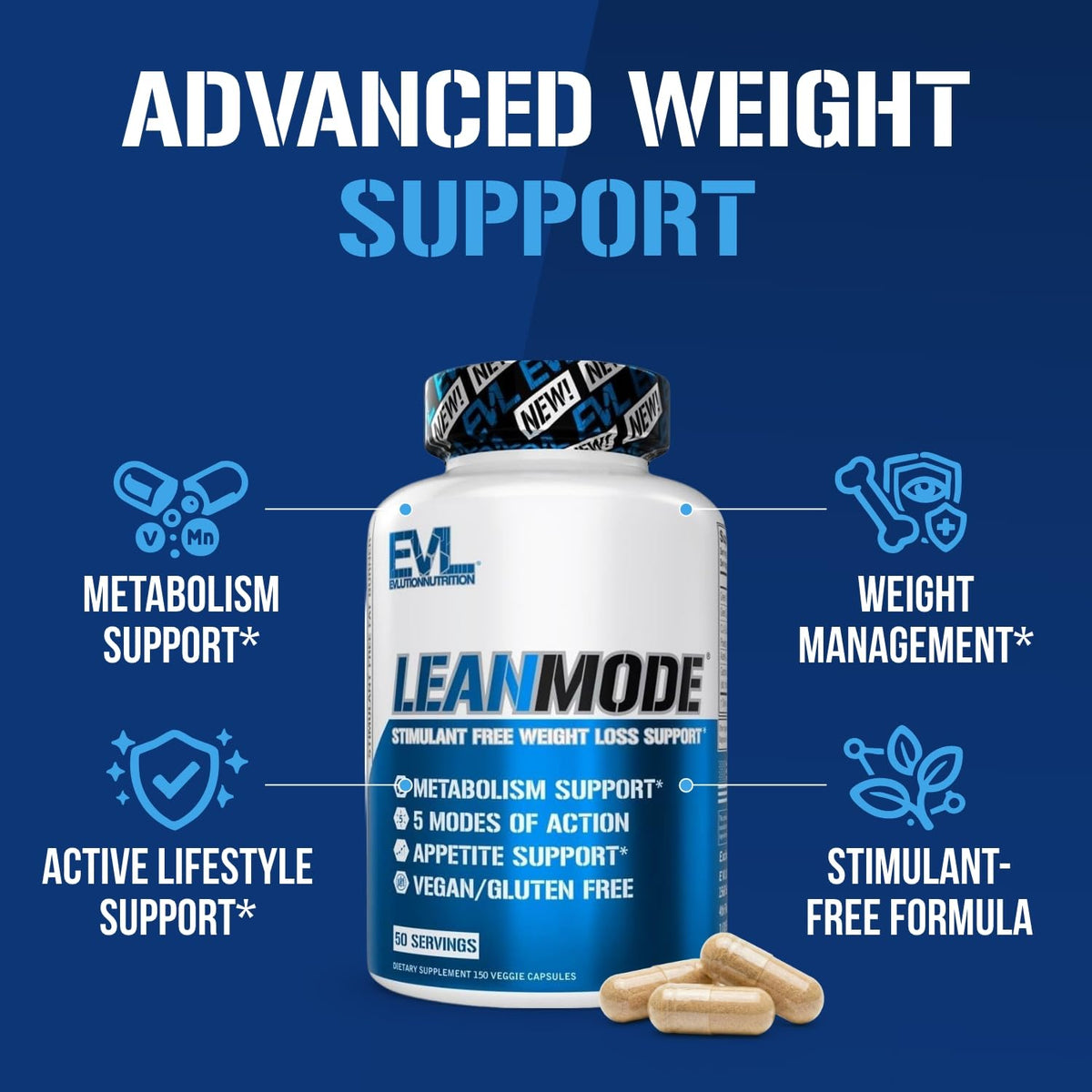 EVL Weight Loss Support Pills - Premium Multipurpose Appetite Metabolism and Fat Loss Support for Men and Women - LeanMode with Green Coffee Bean Extract CLA and Garcinia Cambogia - 50 Servings