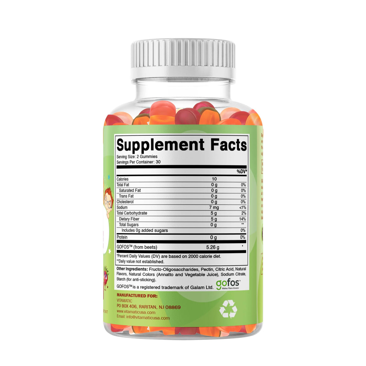 Vitamatic Kids Prebiotic Fiber Gummies – Extra Strength 4g Fiber – Zero Sugar Added – 60 Pectin-Based Gummies – Digestive Health & Regularity Support