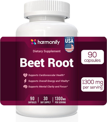 Beet Root Capsules, Pure Beetroot Powder 1300 mg, Circulation Support Supplement, Vegan, Non-GMO, Gluten-Free – 90 Vegetable Capsules