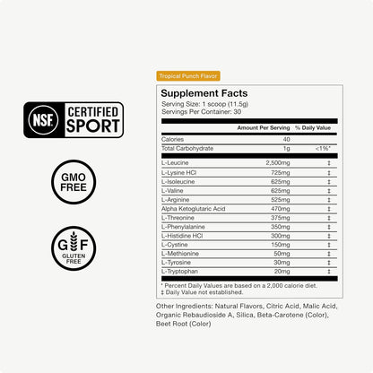 Momentous Vital Aminos Powder Supplement - BCAA & EAA - Tropical Punch - NSF Certified for Sport - GMO- & Gluten-Free - 30 Servings - Package May Vary