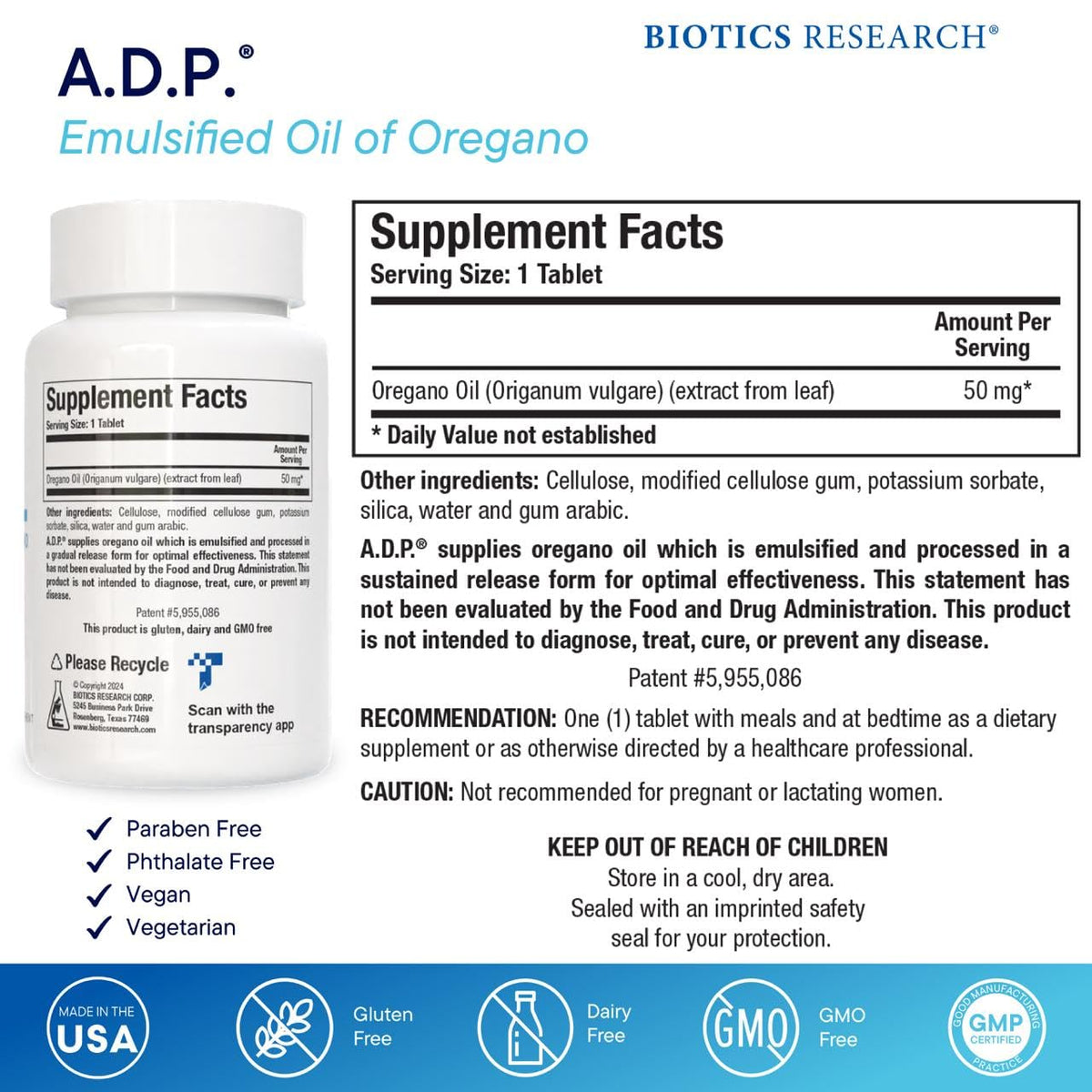 BIOTICS RESEARCH A.D.P. Emulsified Oil of Oregano Tablets for GI Health -Sustained Release for High Absorption Contains Carvacrol, Wild Oregano Oil 50mg/S - Patented Formula -Non GMO –120 Tablets
