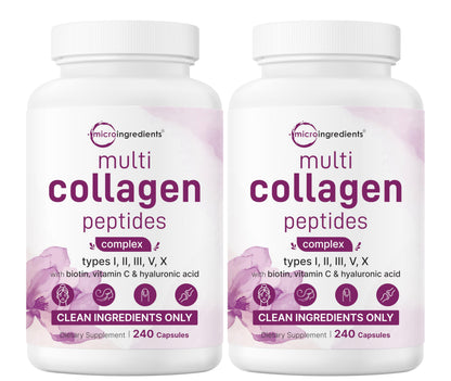 Micro Ingredients Multi Collagen Peptides Pills, 240 Capsules | For Women & Men. Type I, II, III, V, X. Hydrolyzed Collagen Supplement with Biotin, Hyaluronic Acid & Vitamin C. Filler Free.