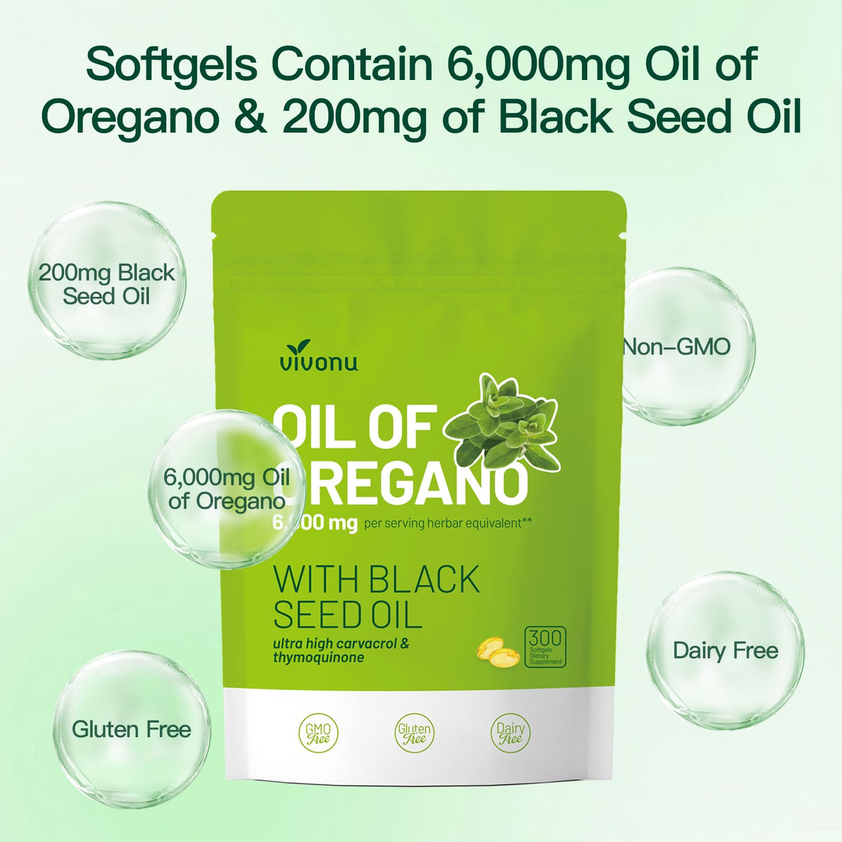 VivoNu Oil of Oregano Capsules, Balanced Oil of Oregano with Black Seed Oil, Organic OreganoOil Softgels,Carvacrol,Thymoquinone, Non-GMO (600pcs/2Bags)
