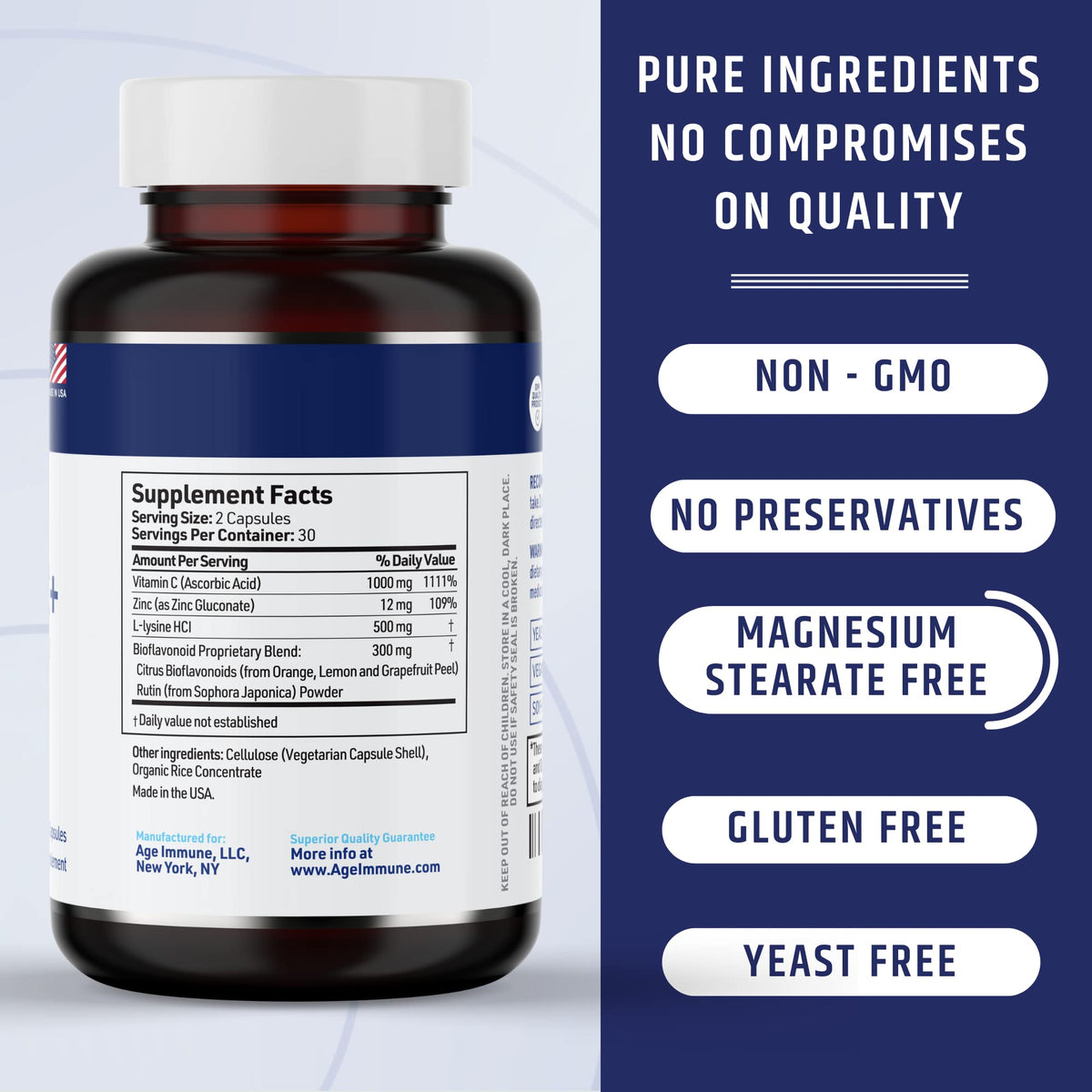 AgeImmune Vitamin C 1000mg Complex with L-Lysine 500mg, Zinc 12mg, Bioflavonoids 300mg. Doctor Formulated Magnesium Stearate Free Supplements for Healthy Immune System Support.(1) AgeImmune buy supplements Au